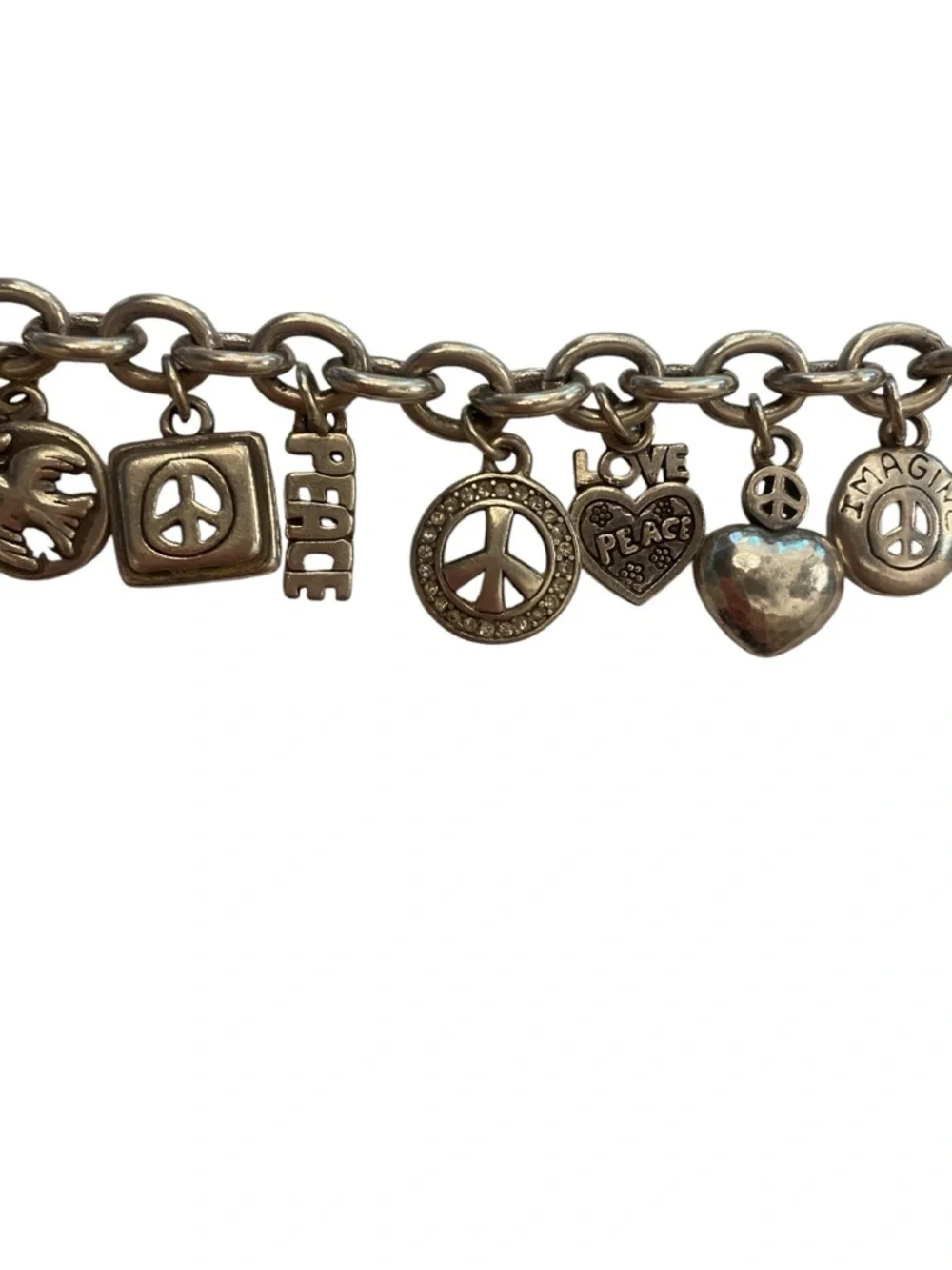 Brighton Women’s Peace Love Heart Silver Charm Bracelet Jewelry great condition